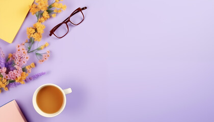 Purple Desk Setup with Coffee and Eyeglasses