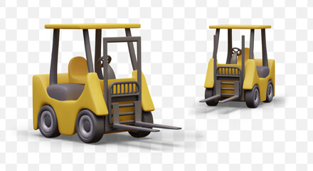 Realistic yellow and black forklift. Services of specialized vehicle. Loader for moving cargo on pallets. Detailed vector image, view from different sides. Web design