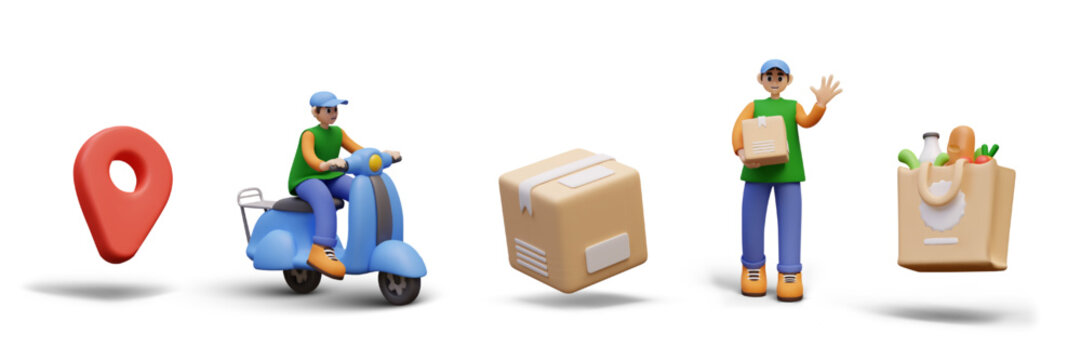 Set of 3D illustrations, icons for delivery service. Red geotag, man on scooter, box, guy with paper package, bag from grocery store. Online ordering and address delivery