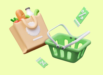 Concept of discounts in grocery store. Shopping cart, bag with food, coupons with percent sign. Bonus program for regular customers. Vector composition of floating realistic elements