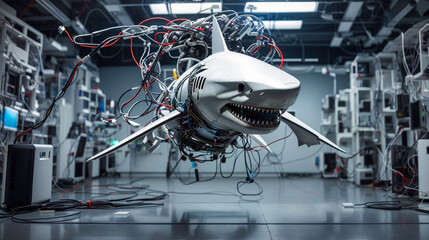 cybersecurity vulnerability and hacker malware concept - metallic white shark in a server room