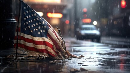 american flag on the street to celebrate independence day in the rain