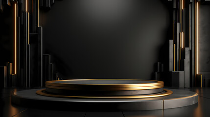 3d rendering black gold background product booth, podium, stage, product commercial photography background, PPT background product cosmetics display - obrazy, fototapety, plakaty
