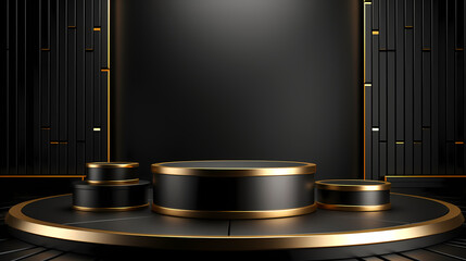 3d rendering black gold background product booth, podium, stage, product commercial photography background, PPT background product cosmetics display