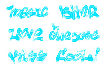 Collection of graffiti street art tags with words and symbols in light blue color on white background