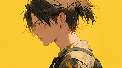 portrait of an anime young guy with a ponytail in profile on a yellow background - obrazy, fototapety, plakaty