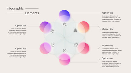 Business process chart infographics with 6 step circles. Circular corporate workflow graphic elements. Company flowchart presentation slide. Vector info graphic in glassmorphism design.
