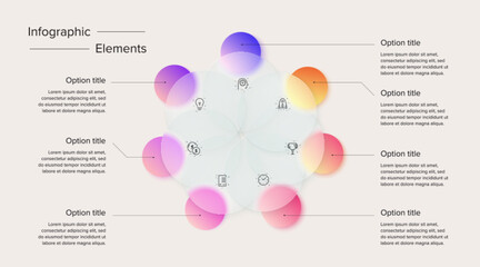 Business process chart infographics with 7 step circles. Circular corporate workflow graphic elements. Company flowchart presentation slide. Vector info graphic in glassmorphism design.