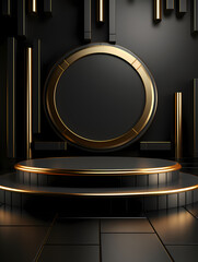 3d rendering black gold background product booth, podium, stage, product commercial photography background, PPT background product cosmetics display
