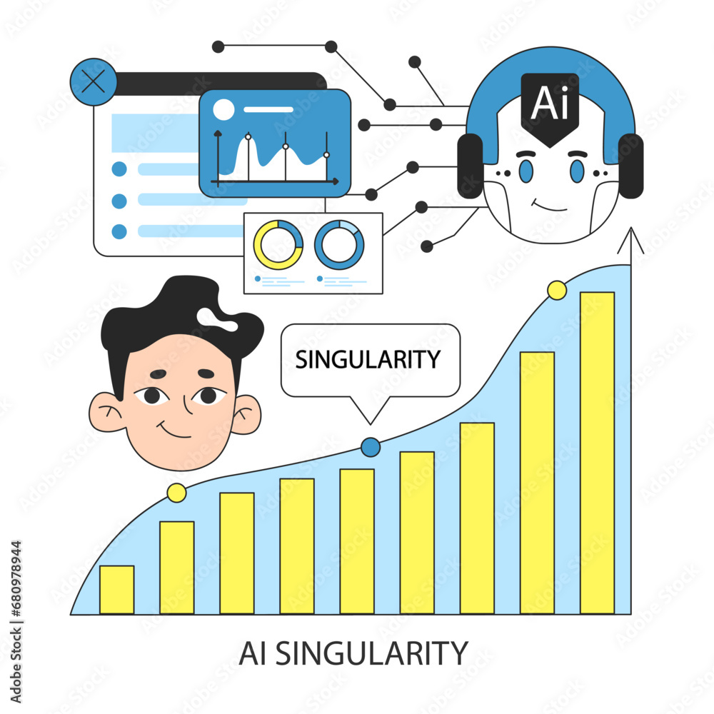 Poster ai ethics concept. character or user interacts with an evolving ai. constant self-learning system. s