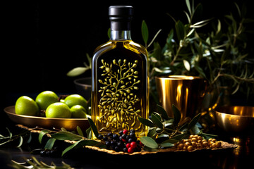 Generative AI illustration of luxury olive oil bottle placed on wooden tray in light near fruits against dark background with blurred green leaves and golden bowls
