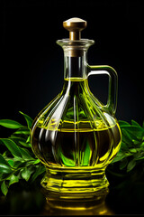 Generative AI illustration of luxury olive oil bottle placed on dark background near green leaves in light