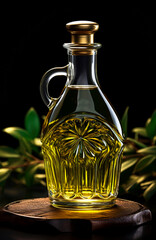 Generative AI illustration of luxury olive oil bottle placed on wooden surface in light against dark background with blurred green leaves