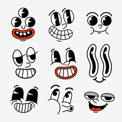 Fototapeta na wymiar Retro cartoon characters funny faces. Groovy vintage 30s 60s 70s smiley faces mascots with various emotions