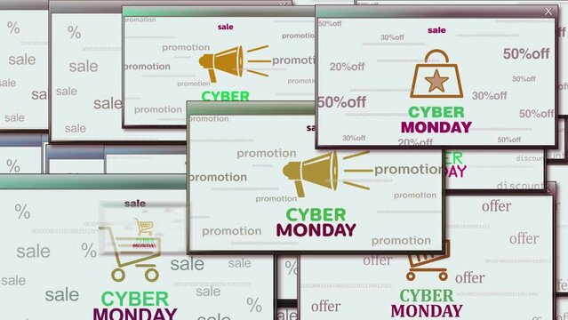 Cyber monday symbol technology loop concept. Abstract sign on pop up windows. Seamless and looped.