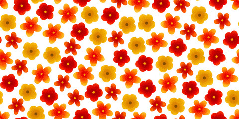 Simple flower pattern. Hand painted seamless pattern with red and yellow flowers. Childish spring background. Floral background design, textile, stationery, wrapping paper, covers