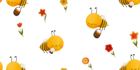 Obraz na płótnie Canvas Easter background with honey bee and flowers, eggs and Easter cake. Cute childish hand painted spring pattern. Easter background