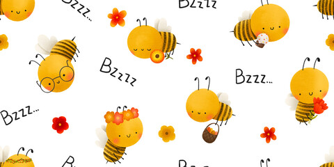 Seamless pattern with cartoon bee and Easter elements. Easter cake, flowers and eggs, bzzz inscription. Easter background.  Hand painted illustration. - obrazy, fototapety, plakaty