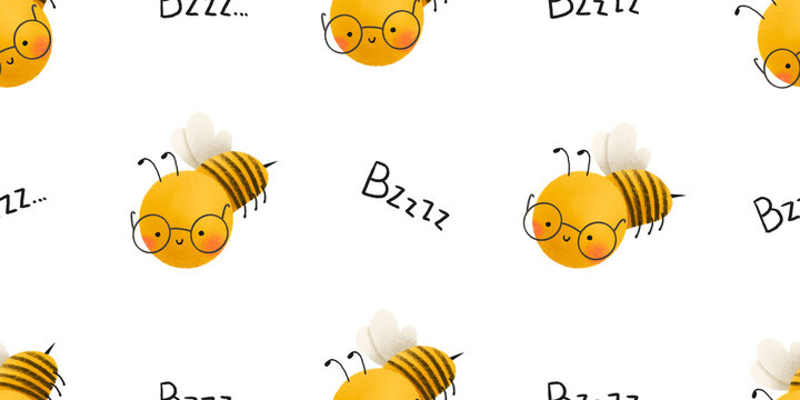 Spring seamless bee pattern with glasses. Insect endless background. Cartoon illustration