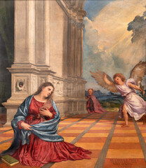 TREVISO, ITALY - NOVEMBER 8, 2023: The renaissance painting of  Annunciation in the church La...