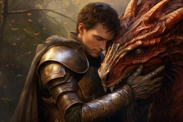 The Dragon Knight Embracing His Fire-Breathing Companion in the Enchanted Woods - obrazy, fototapety, plakaty
