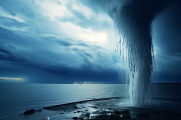 Waterspout tornado lifting water jets on the ocean - obrazy, fototapety, plakaty