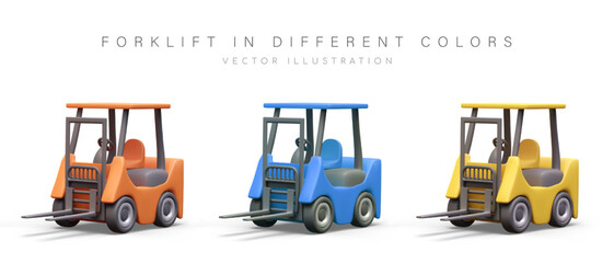 Realistic forklift. Equipment for transporting cargo on pallets. Machine for large warehouse. Specialized equipment. Set of vector vehicles of different colors