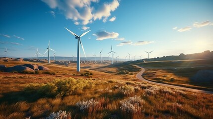 Close-up of two wind turbines on blue sky background - obrazy, fototapety, plakaty