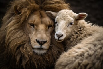 Fototapeta premium The King of the Jungle Finds Unlikely Comfort in the Company of a Gentle Herbivore