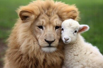 Obraz premium A Majestic Encounter: Sheep and Lion Lock Eyes in Intense Close-Up