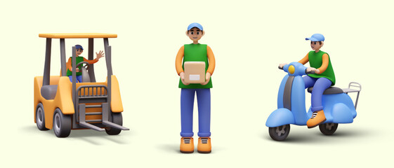 Composition with man driving forklift, worker in uniform holding parcel and working, courier delivers orders to costumers. Vector illustration in 3D cartoon style
