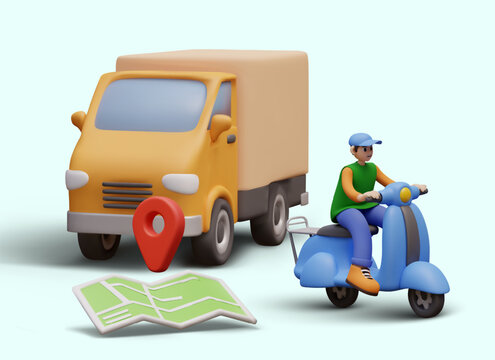 Composition with man driving scooter, realistic map with red pin and yellow truck. Delivery transport, global heavy cargo transportation. Vector illustration in 3D style