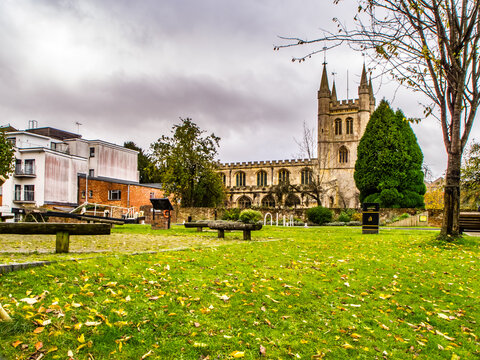 View of St Nicholas Church Newbury across green lawns.