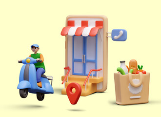 Set of illustrations for delivery business. 3D courier on scooter, smartphone with door and striped canopy, bag with food. Online ordering and delivery. Courier services