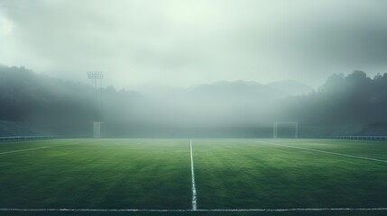 textured soccer game field with neon fog - center, midfield near a forest