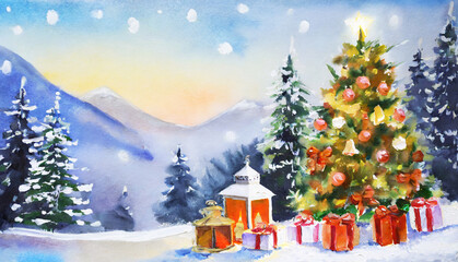 Digital water color illustration of a cozy Christmas tree with holiday themed decorations in a snow winter wonderland landscape. ai generated.