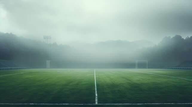 textured soccer game field with neon fog - center, midfield near a forest