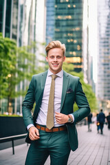 A handsome young man in a green suit and tie posing in a busy city.