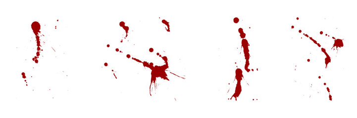 Paint Brush Splatter Set. Blood Stain Collection. Red Ink Splat, Grunge Texture. Drop Spatter, Horror Bloodstain Splash. Spray Abstract Design on White Background. Isolated Vector Illustration - obrazy, fototapety, plakaty