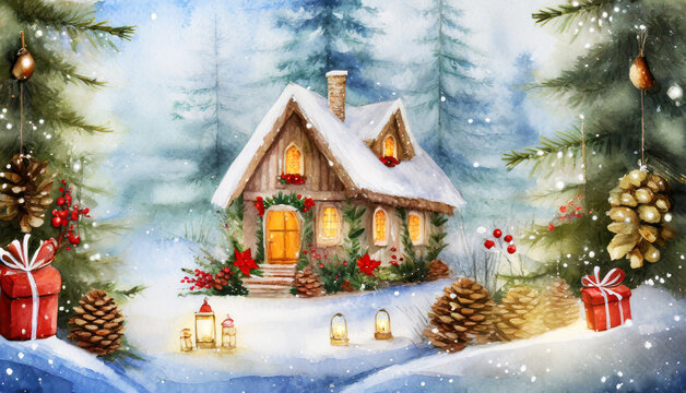 Digital water color illustration of a cozy wooden Christmas cabin in the woods with holiday themed decorations in a snow winter wonderland landscape. ai generated.