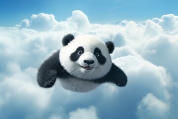 A Playful Panda Bear Soaring Above Fluffy White Clouds