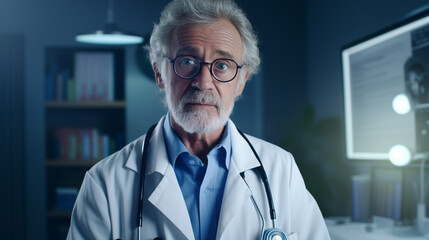Elderly male doctor looking ahead on the background of a medical office