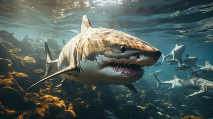 Ocean shark. Open toothy dangerous mouth with many teeth. Underwater blue sea waves clear water shark swims forward.