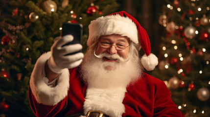 Fototapeta na wymiar Santa Claus taking a selfie On the background of the Christmas tree.​