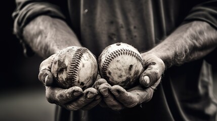 Pile of grunge dirty used baseball balls. Close-up absctact sports background in black and white