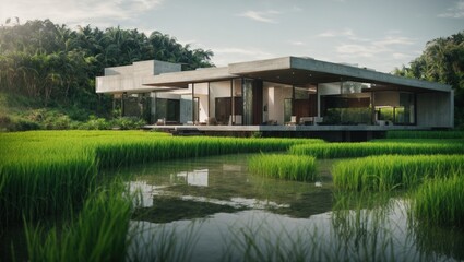 Fototapeta na wymiar Modern Villa or House in Paddy Field, Luxury Building Nature Rice Field