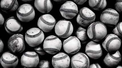 Pile of grunge dirty used baseball balls. Close-up absctact sports background in black and white