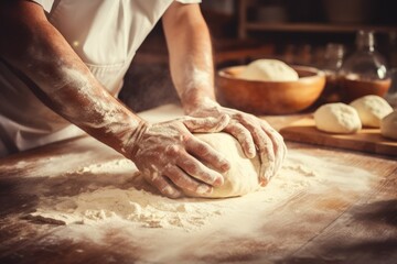 Fototapeta premium Manually rolling out dough for bread on a tabletop, showcasing the hands-on and traditional process of breadmaking