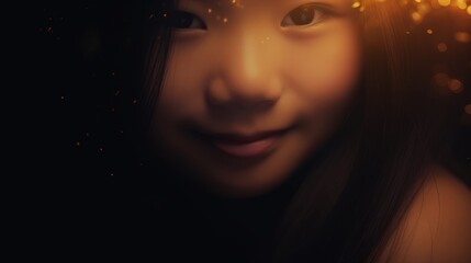 Happy New Year banner with smiling little Asian girl on black background, warm and happy atmosphere
