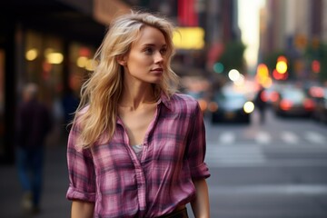 Fototapeta premium A pretty blonde woman in pink plaid shirt walking in the street of a large city. Generative AI. 